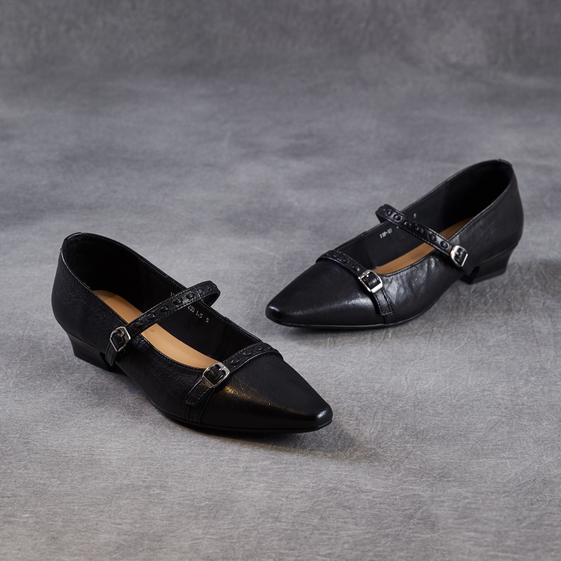 Mary Jane Shoes - ブラウンブラック韓国女性フラットシューズスクエアトゥバックルストラップスイートレディメアリージェーンズシューズデート手作り靴