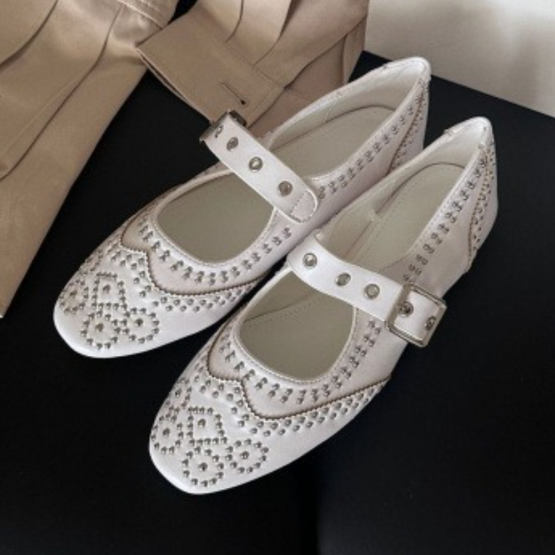 Mary Jane Shoes - レトロリベットバックルデザインフラットシューズ レディース ラウンドトゥ シャロー エレガント メリージェーンシューズ