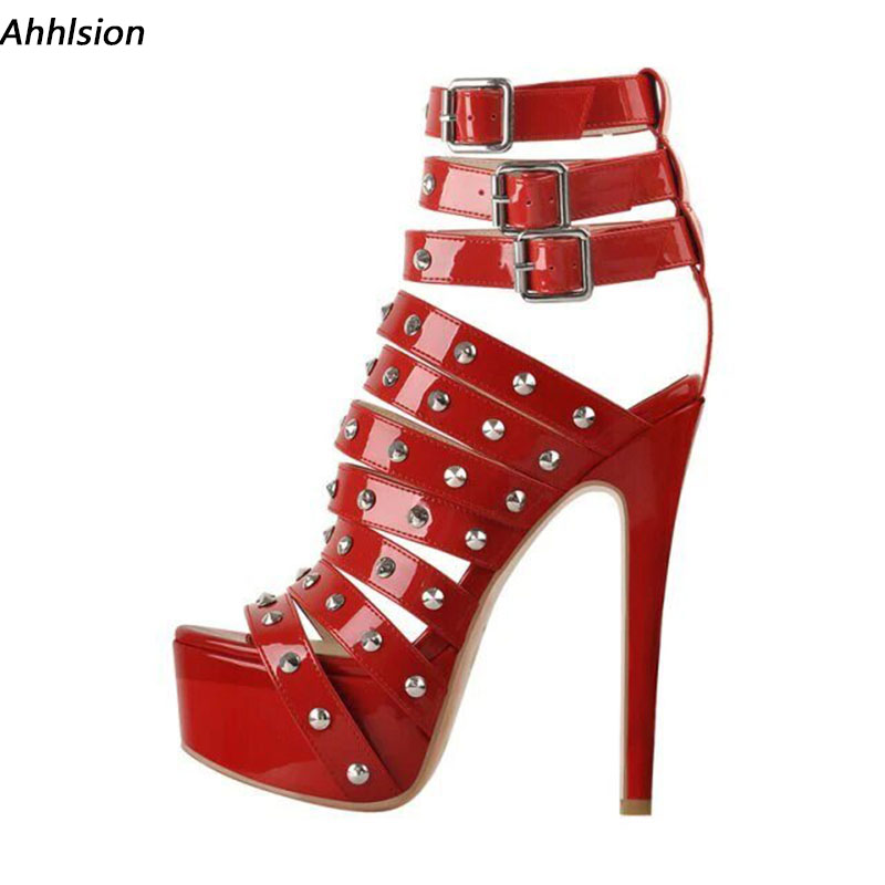 Women'S Shoes Yellow - Ahhlsion 手作り女性グラディエーターサンダル薄いハイヒールラウンドトゥ美しい赤黄ピンクの靴レディース米国プラスサイズ 5-20