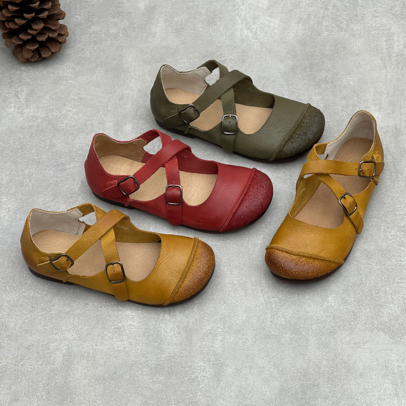 Mary Jane Shoes - 女性オリジナル手作り本牛革ベルトバックルフラットシューズレトロラウンドトゥクロスストラップメアリージェーンズカジュアルコンフォートパンプス