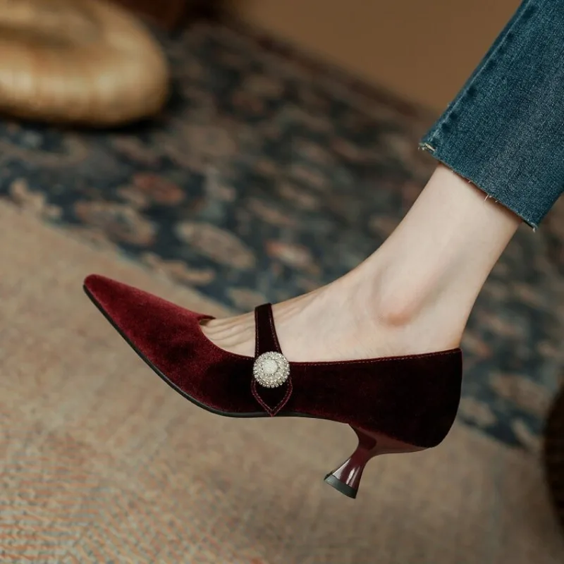 Mary Jane Shoes - ワインレッド ポインテッドトゥ メリージェーンシューズ レディース ヴィンテージ ワンバックル