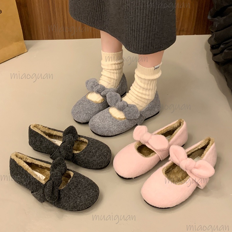 Mary Jane Shoes - ヴィンテージプラッシュフラットシューズ、ボウノットパンプス、レディース秋冬新作、ソフトソールコットンシューズ、スリッポン、快適なふわふわメリージェーンシューズ
