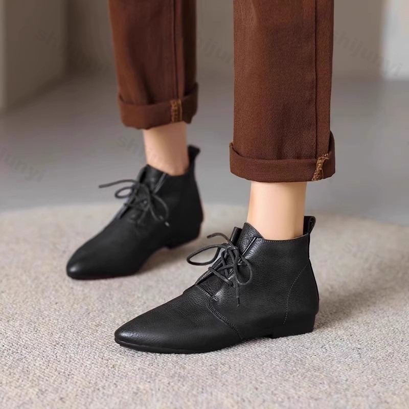 Women'S Shoes Trending 2025 - レディースショートブーツ 2025 レザー 新トレンド 快適シューズ レースアップ