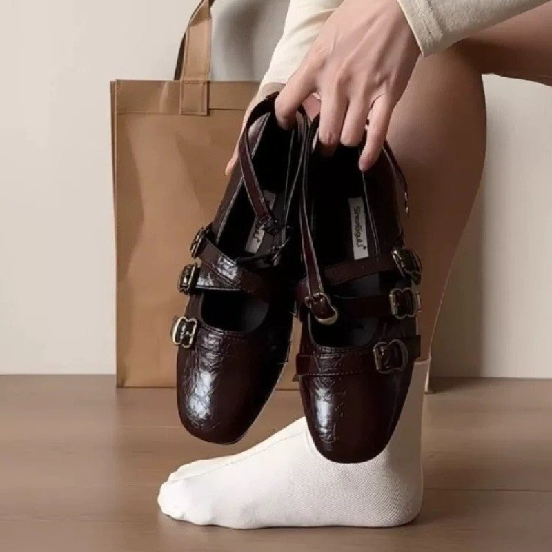 Mary Jane Shoes - 2025年ニューメリージェーンシューズ、スクエアトゥ、ヒールアップ、浅履き、ワンバックル、レディース、万能フラットシューズ