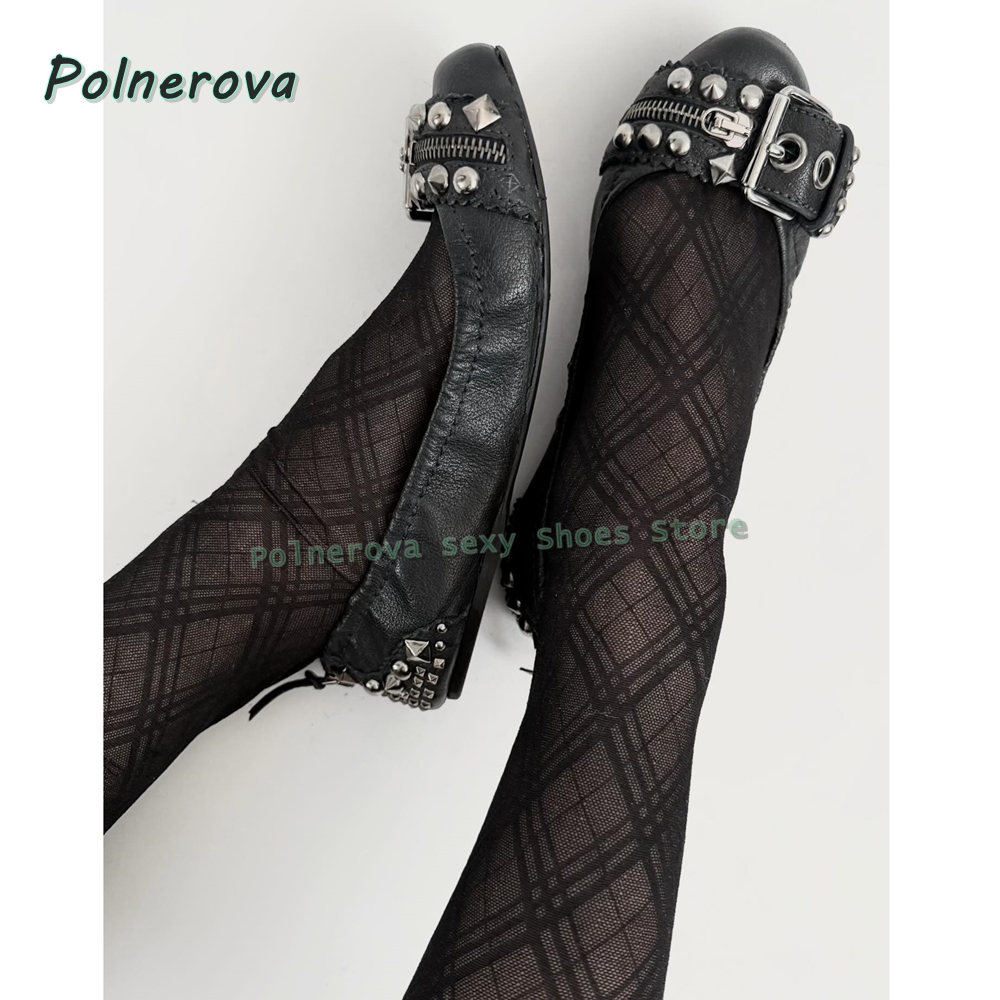 Mary Jane Shoes - リベットベルトバックル付きメリージェーンシューズ、ポインテッドトゥ、浅いジッパー装飾、レディースファッションパンプス、2026年春夏シューズ