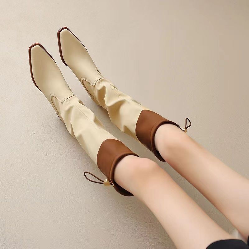 Women'S Shoes For Work - アプリコットスクエアトゥレディースロングブーツ防水ファッション2025ワークフットウェア新作トレンドゴスロックレディースニーハイシャフトシューズ