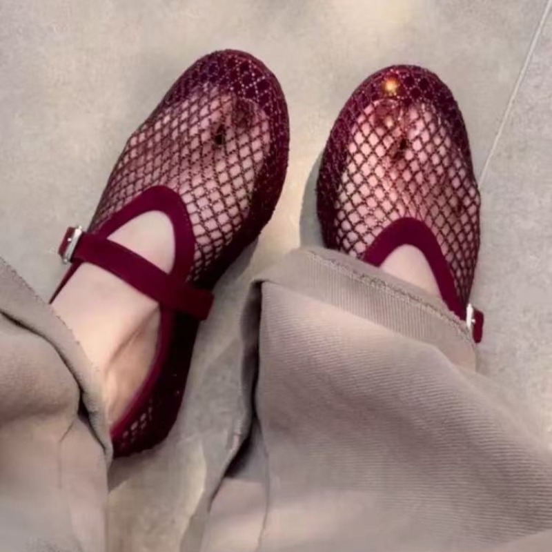 Mary Jane Shoes - 中空ラインストーンバオトウサンダル レディース 2026年新作 フィッシングネット通気性織りメリージェーンシングルシューズ