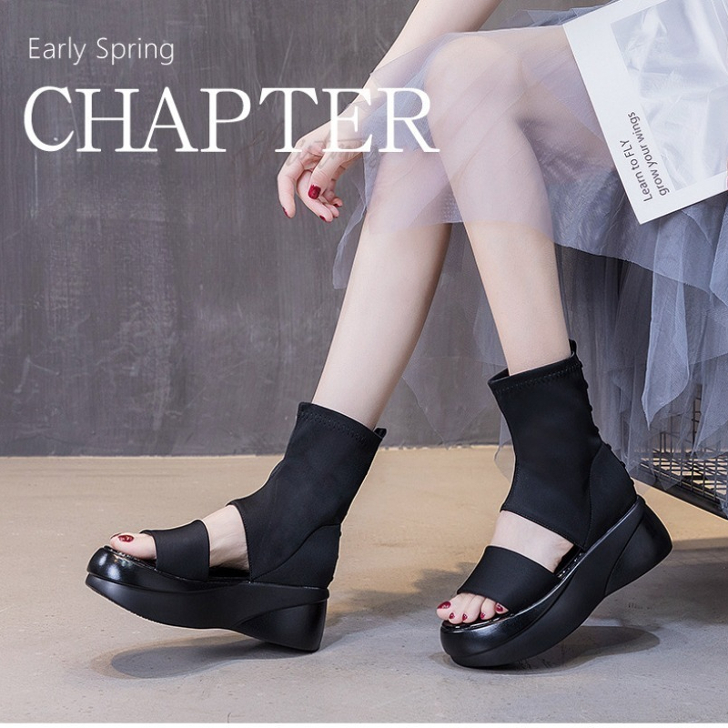 Women Shoes Us To Eu - 女性のピープトウチャンキープラットフォームサンダルアンクルブーツストレッチ通気性夏スリッポンカジュアルシューズブラック EU 34-39 新しいファッション