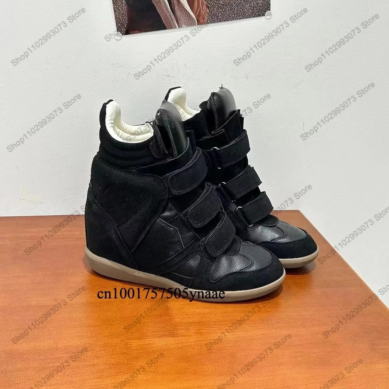 Women Shoes Sale - 女性用隠しウェッジヒールハイカットスニーカー、スエードレザーのスプライシング、ベルクロストラップ留め、インナーハイトアップ機能付きアンクルブーツ、軽量で快適なカジュアルファッションシューズ、ストリートショッピング、デート、パーティー、日常、アウトドアウォーキング、外出用