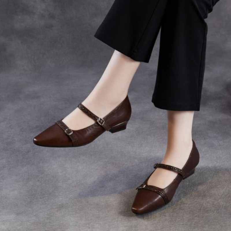 ブラウンブラック韓国女性フラットシューズスクエアトゥバックル - Mary Jane Shoes のレビューと価格