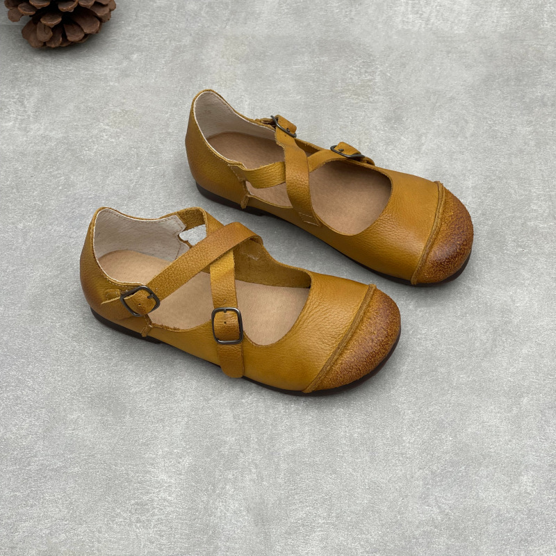 女性オリジナル手作り本牛革ベルトバックルフラットシューズレト - Mary Jane Shoes のレビューと価格
