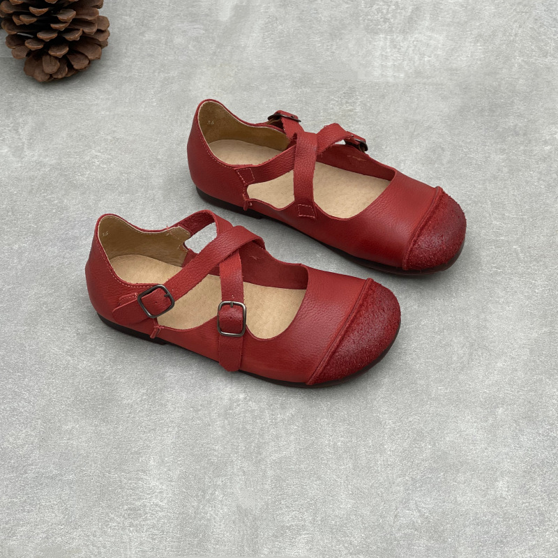 女性オリジナル手作り本牛革ベルトバックルフラットシューズレト - Mary Jane Shoes のレビューと価格