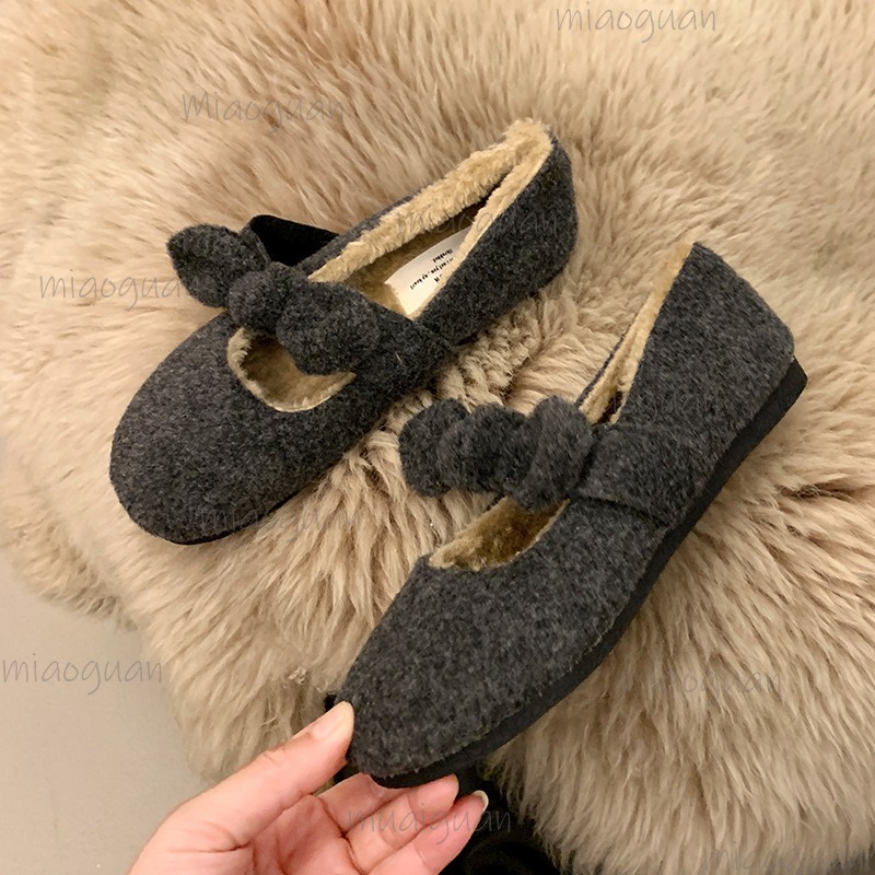 ヴィンテージプラッシュフラットシューズ、ボウノットパンプス、 - Mary Jane Shoes のレビューと価格