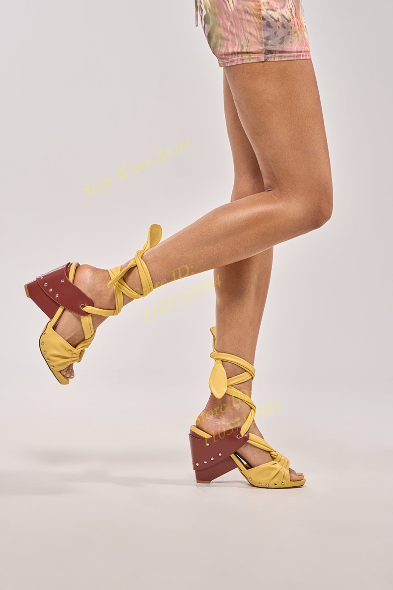 黄色のフェイクレザーレースアップストラップサンダルオープント - Women'S Shoes Yellow のレビューと価格