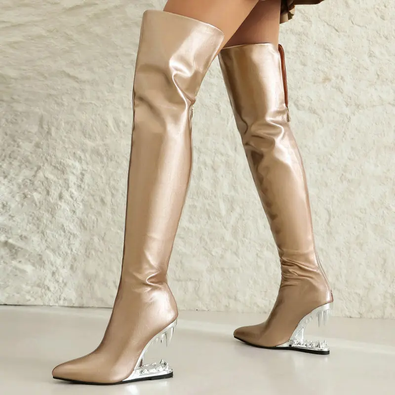 女性のための虎の歯が生えるサメの口のハイヒール、膝の長いブー - Women'S Shoes Yellow のレビューと価格