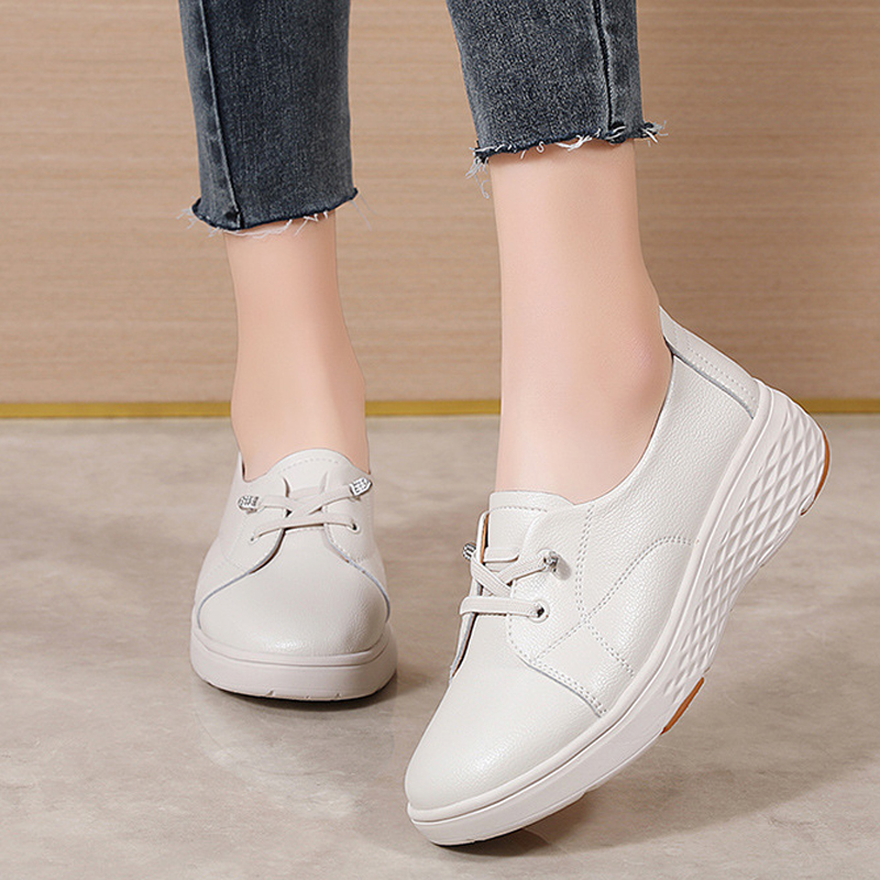 春秋の女性の快適な白い靴仕事用厚いヒールプラットフォーム本革 - Women'S Shoes For Work のレビューと価格